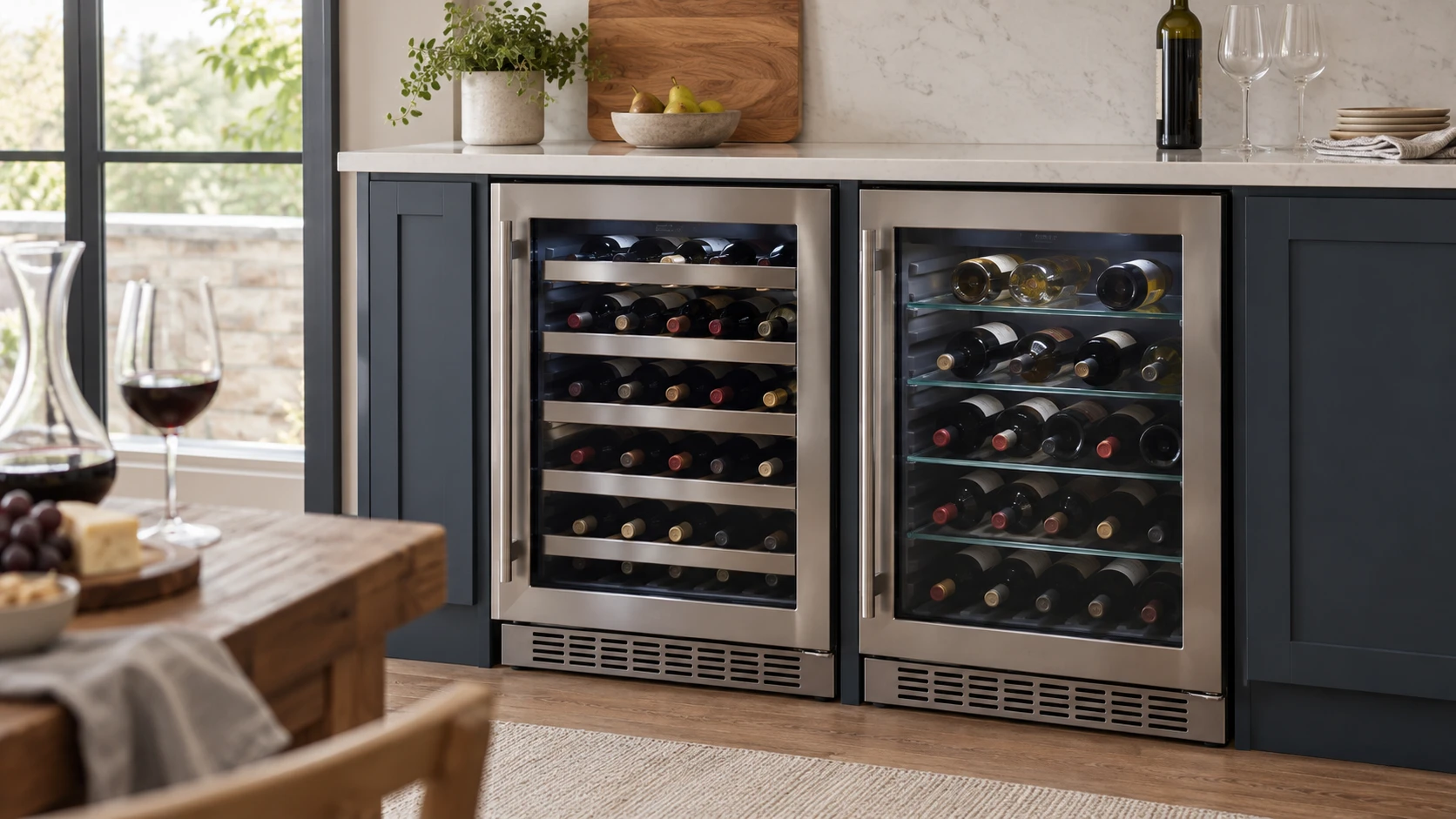 For ZLINE RWDO-SN-24 wine cooler, weigh bottle layout, temperature zones, shelf materials, installation clearance, door glass, lighting, and service.
