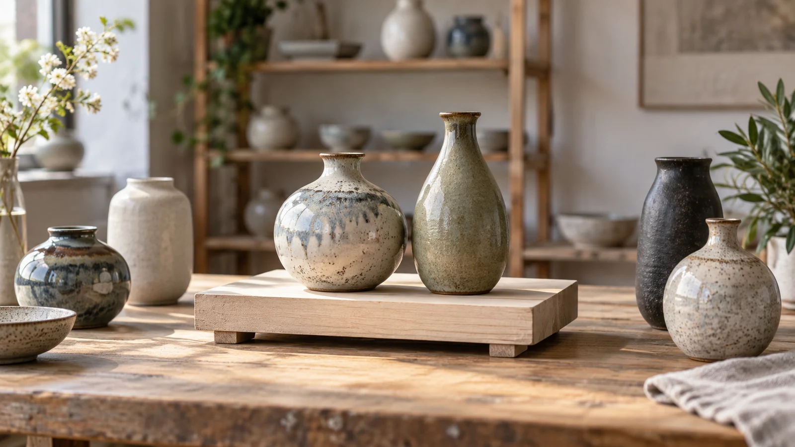 count combinations: Two ceramic vases stand together on a wooden platform among other pottery on a table.