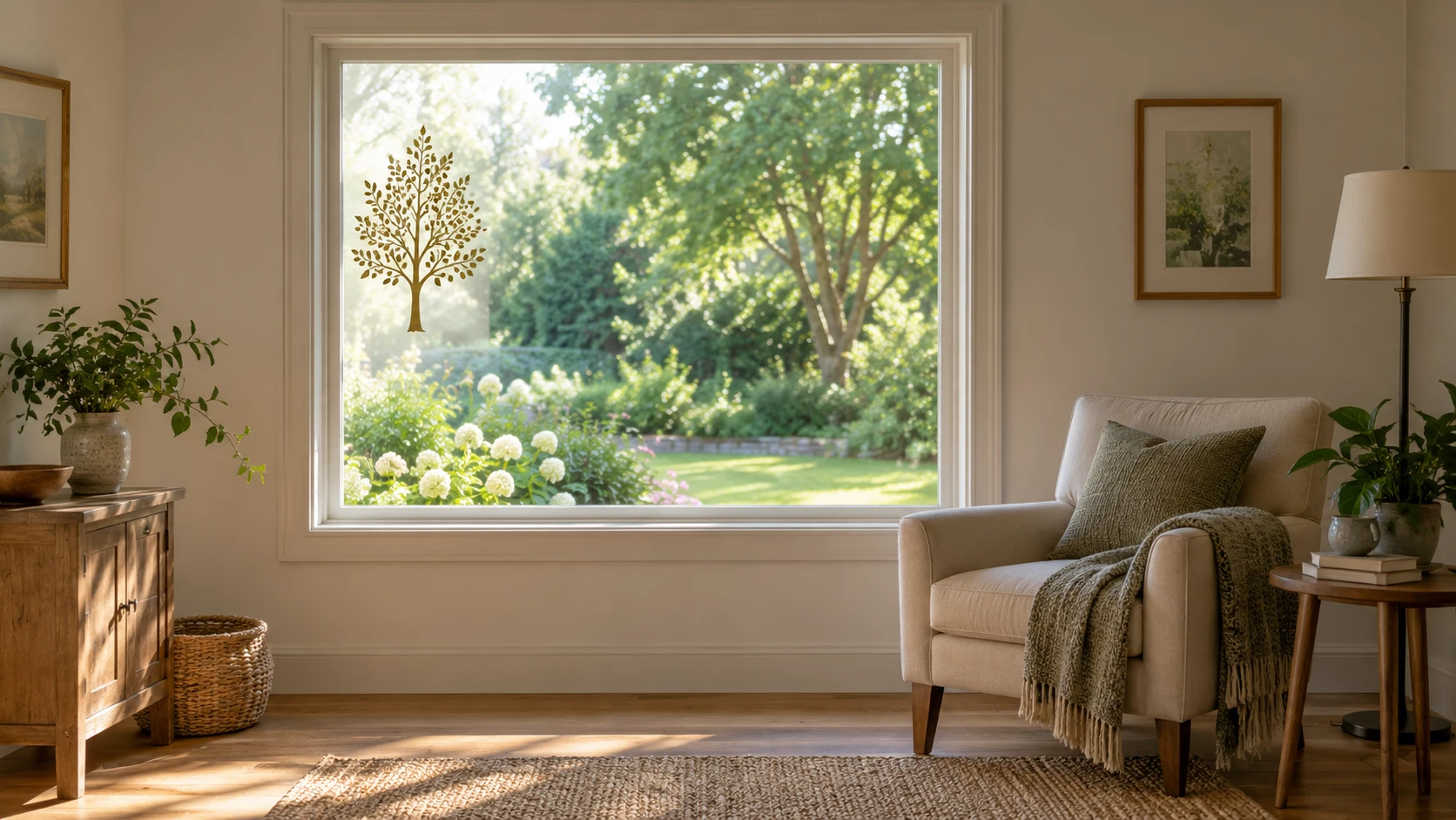 Window art afternoon at home concept with a whole framed window, a generic gold tree motif and a whole reading chair.