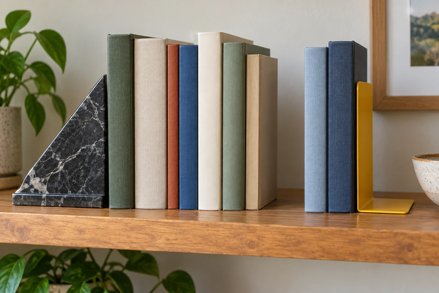 Sliding bookend beside a book row: a dark triangular stone support and a yellow metal L support with its footplate exposed.
