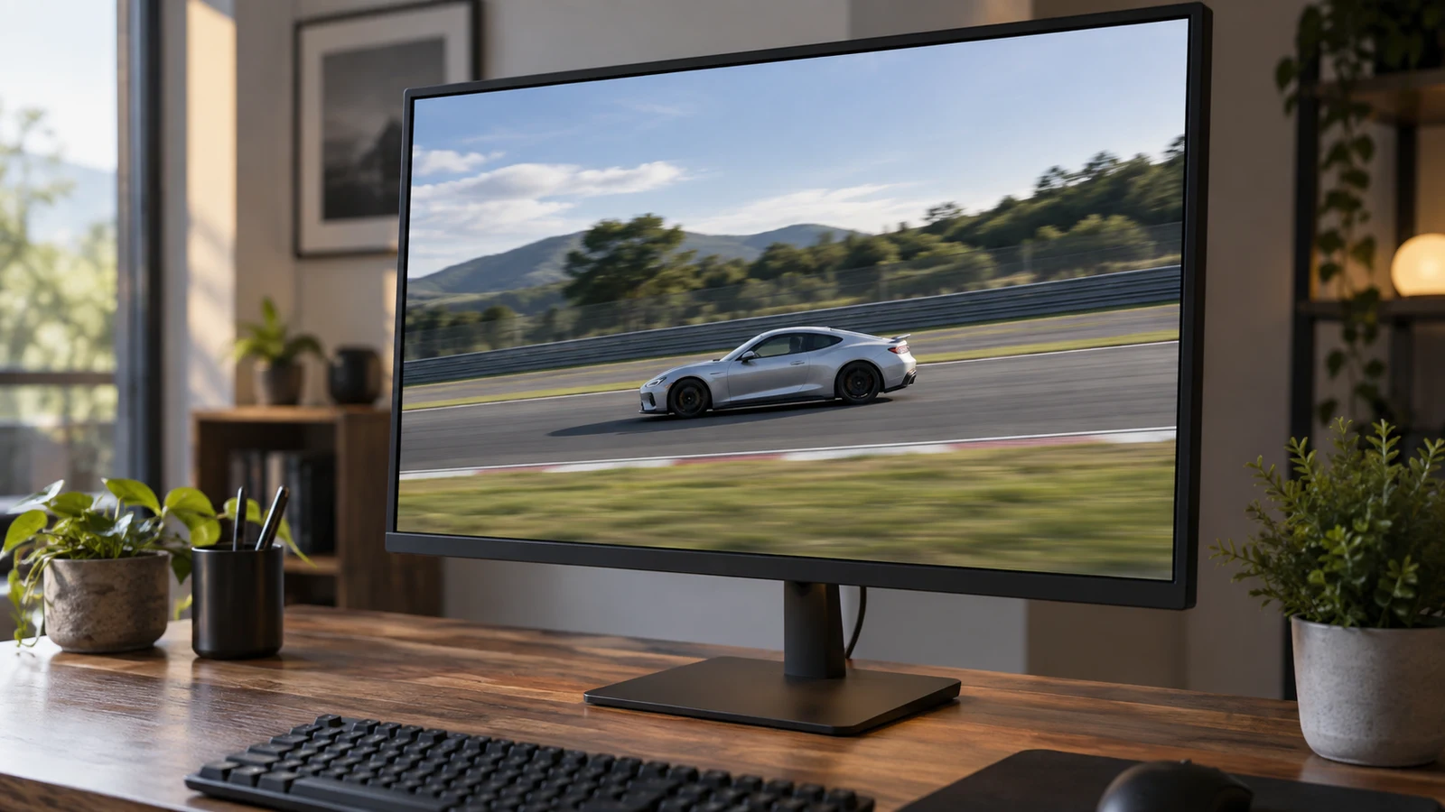 Viewsonic 27-inch WQHD gaming monitor: A monitor on a wooden desk displays a silver car on a racetrack.