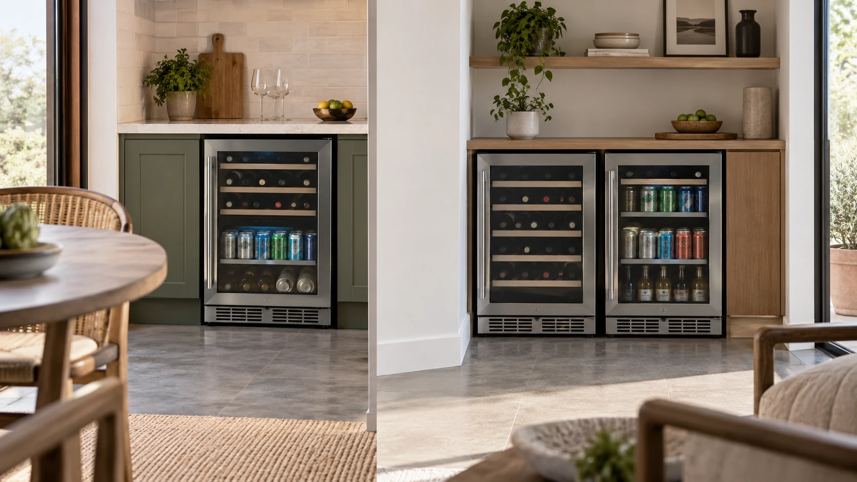 For Yeego YEG-WF24 wine and beverage refrigerator, weigh bottle and can claims, footprint, delivery, temperature controls, noise, and shelf access.