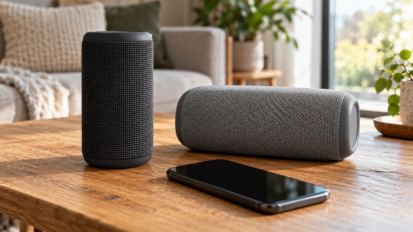 TSOY EPS01 speaker: Two fabric-covered speakers and a black-screen phone sit on a wooden table.