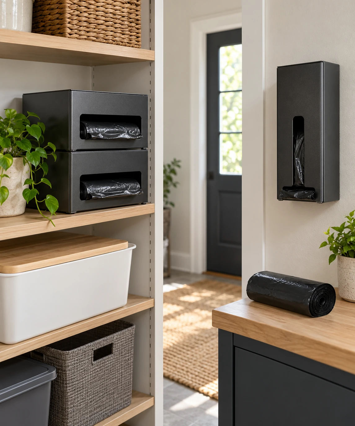 trash bag roll access problem illustrated by two stacked dark metal front-opening holders on a pantry shelf and a separate wall-mounted dispenser near a plain roll.