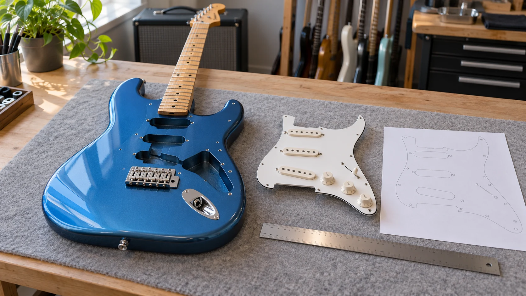 electric guitar pickguard fit planning with a guitar body, separate loaded guard, ruler and outline sketch on a workbench.