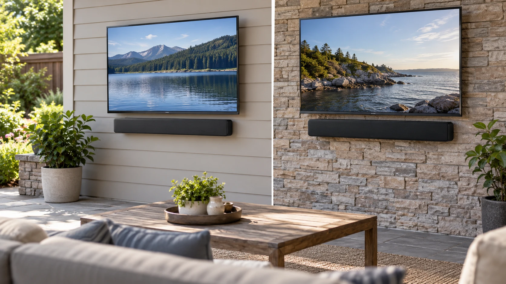 For Element EPSBAE20 outdoor soundbar, consider IP rating, TV audio connections, wall placement, height, controls, and the cables that need protection.