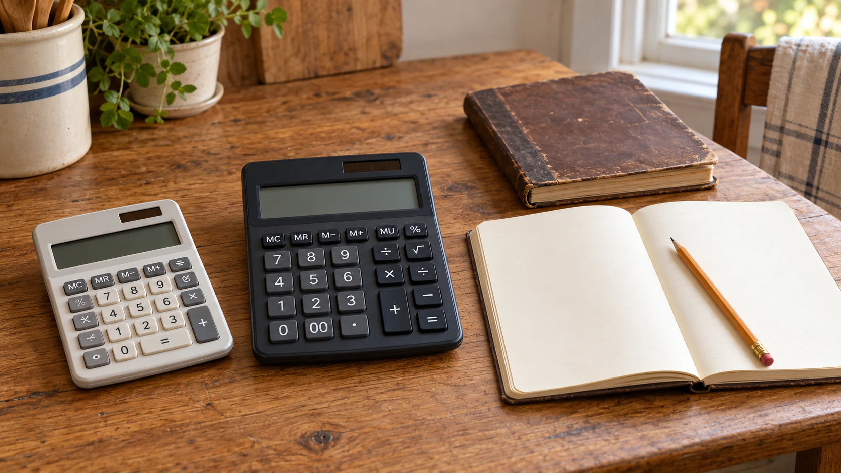 Scale recipe quantities on paper concept with two complete generic desktop calculators, an open blank notebook and a closed recipe notebook.