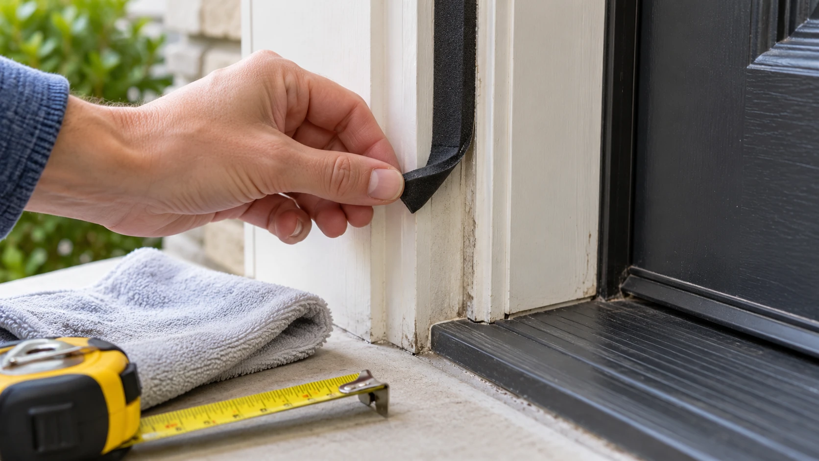 Weather stripping won’t stick: a hand checks a lifted foam seal on a door frame beside a cloth and tape measure.