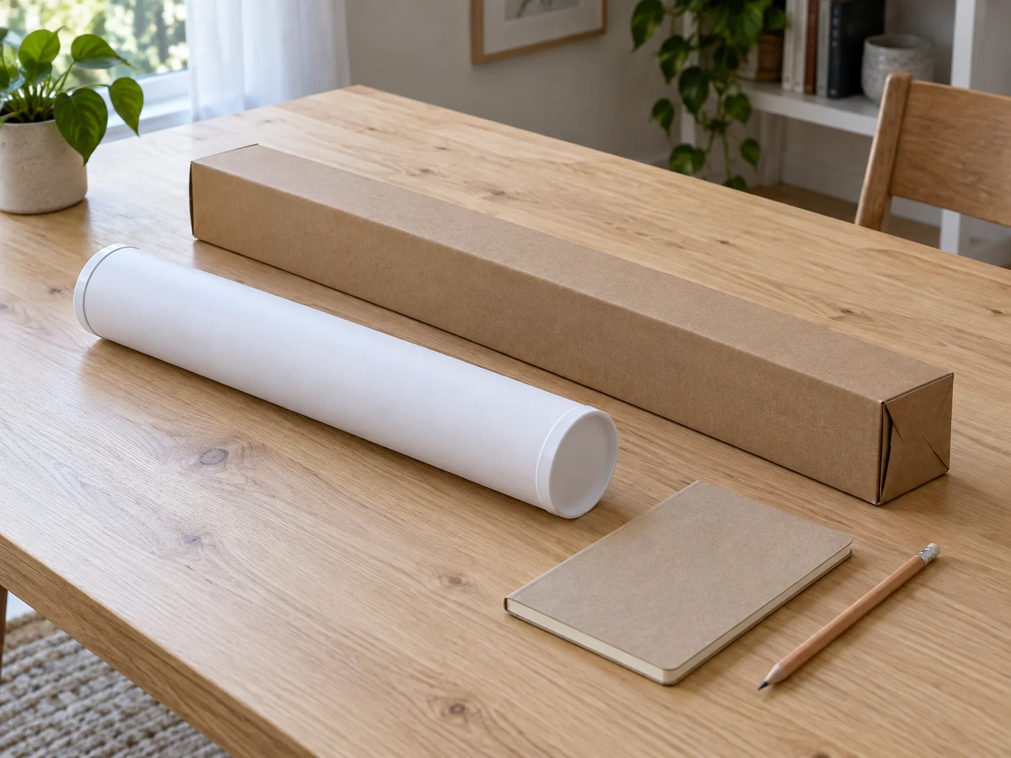 Shipping tube budget concept with whole generic closed round and square mailing tubes, a blank notebook and pencil; no exact model, dimensions or quote shown.
