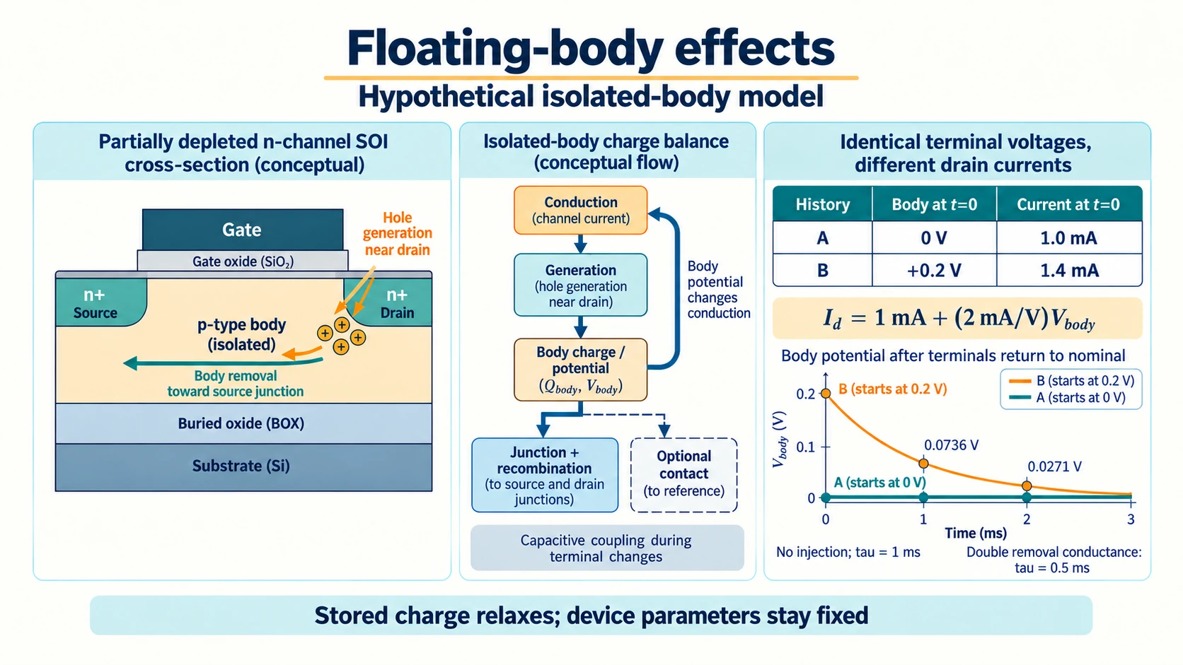 Floating-body effects infographic showing a partially depleted SOI transistor, hole-generation feedback and charge-removal paths, matched-voltage current histories, stored-charge relaxation and the effect of added body-contact conductance.