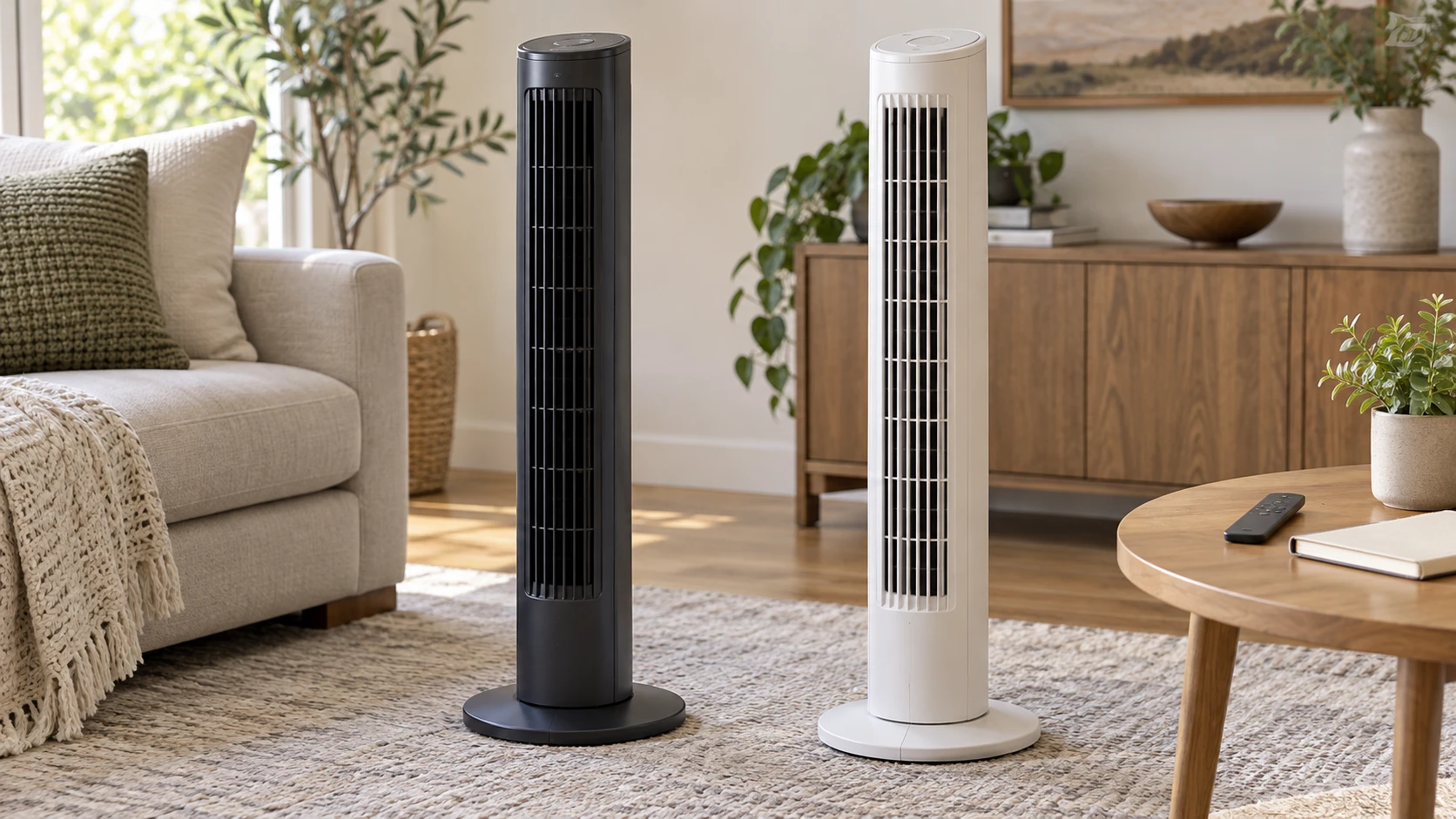 Tower fan purchase budget concept with two complete generic inactive tower fans, a separate remote and blank notebook in a living room.