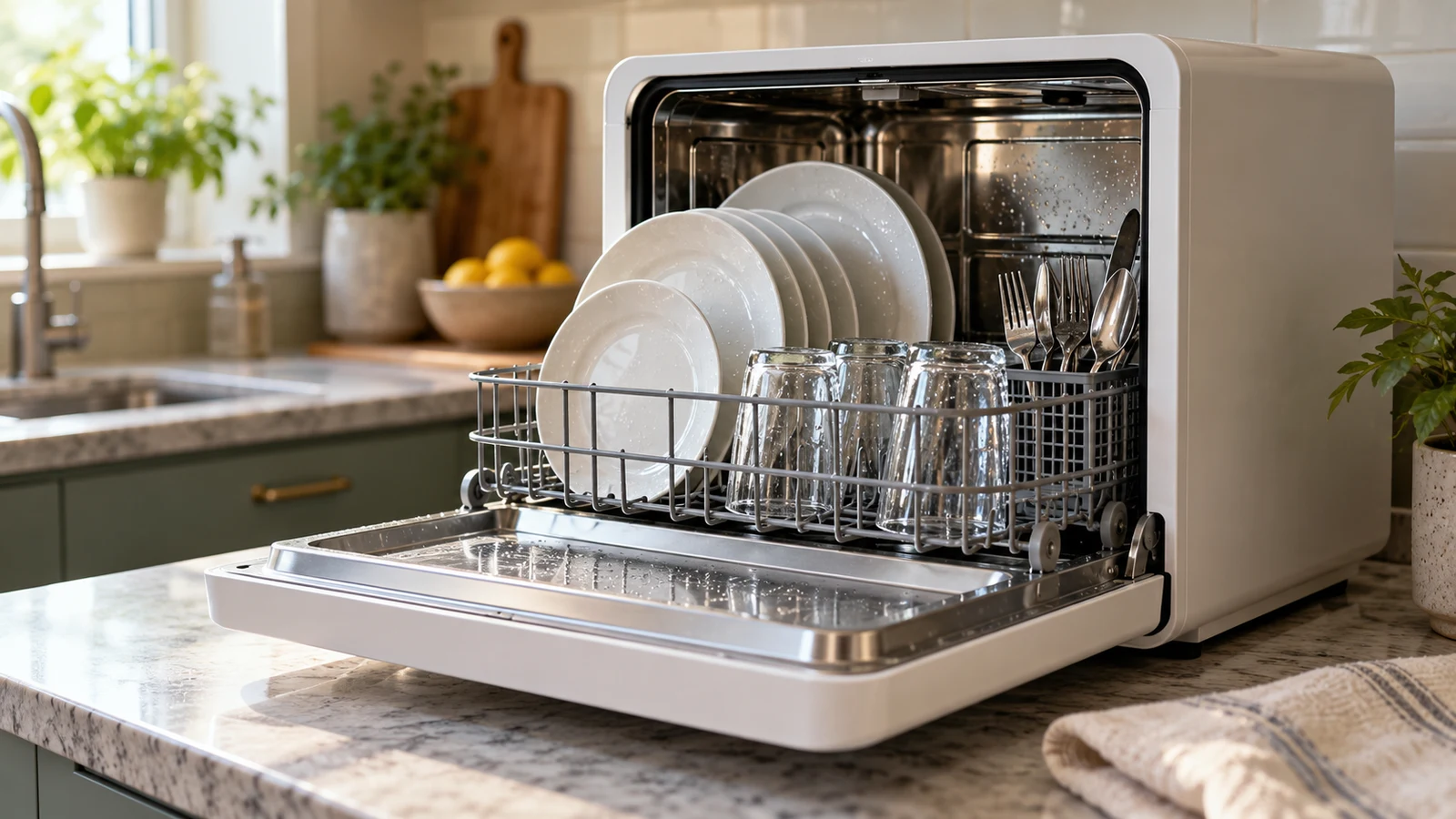 Loyalheartdy countertop dishwasher: An open white dishwasher holds plates, glasses, and cutlery on a kitchen counter.