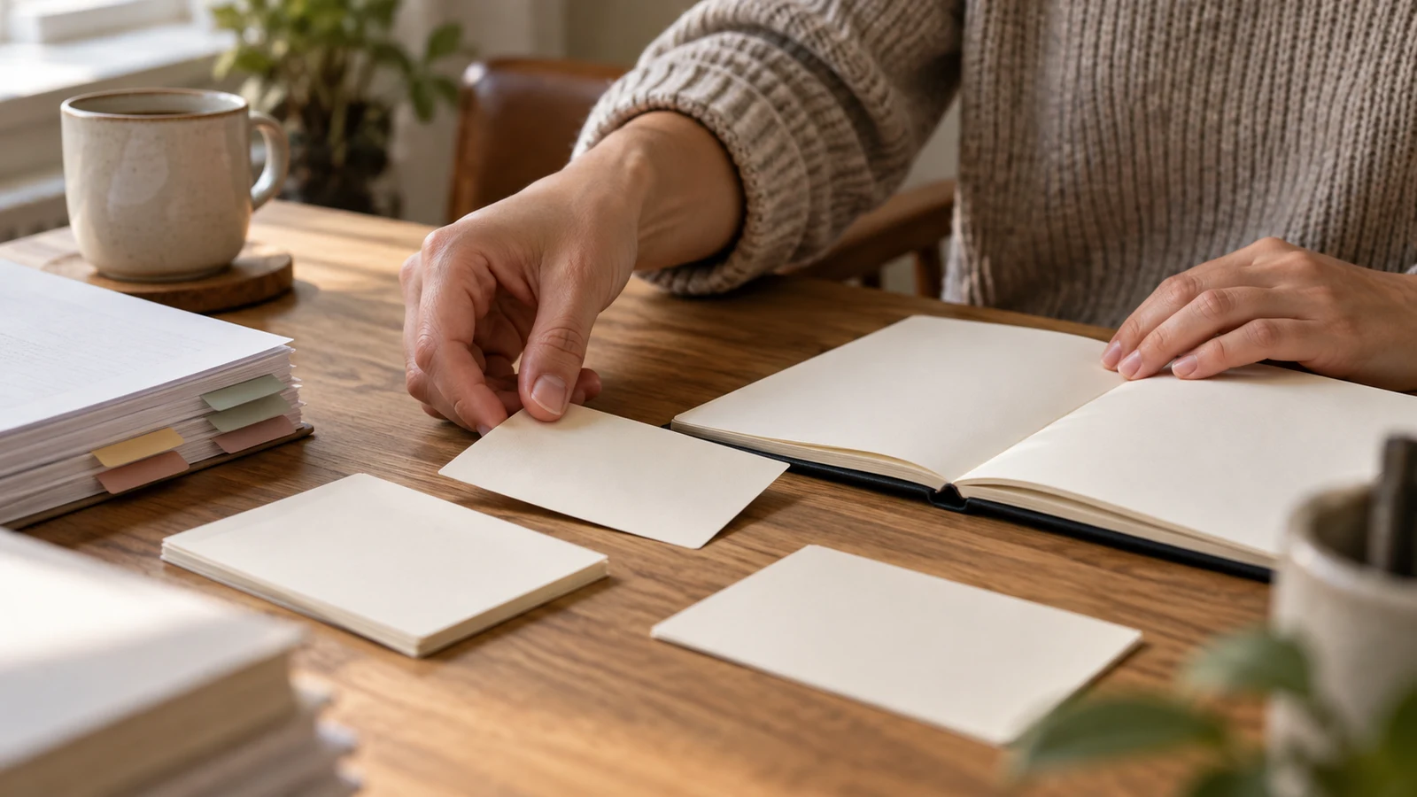 document glossary planning: A person places a blank card on a wooden desk beside an open notebook.