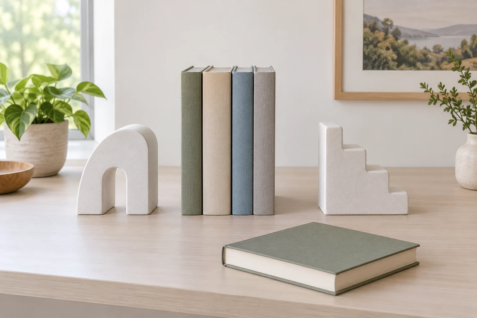 Books won't fit between bookends concept with separate generic static supports, upright plain books and one separate closed book; no fit test.