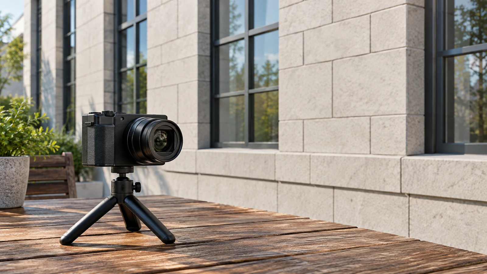 Sony ZV-1 II straight-edge photography: A black camera on a tabletop tripod stands before windows and a stone wall.