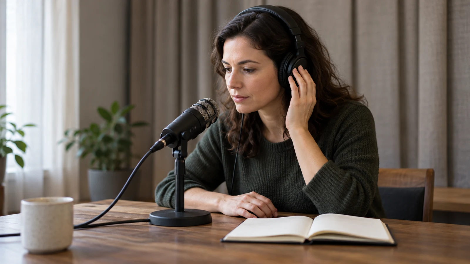 interview audio check: A woman touches her headphones beside a tabletop microphone and an open notebook.