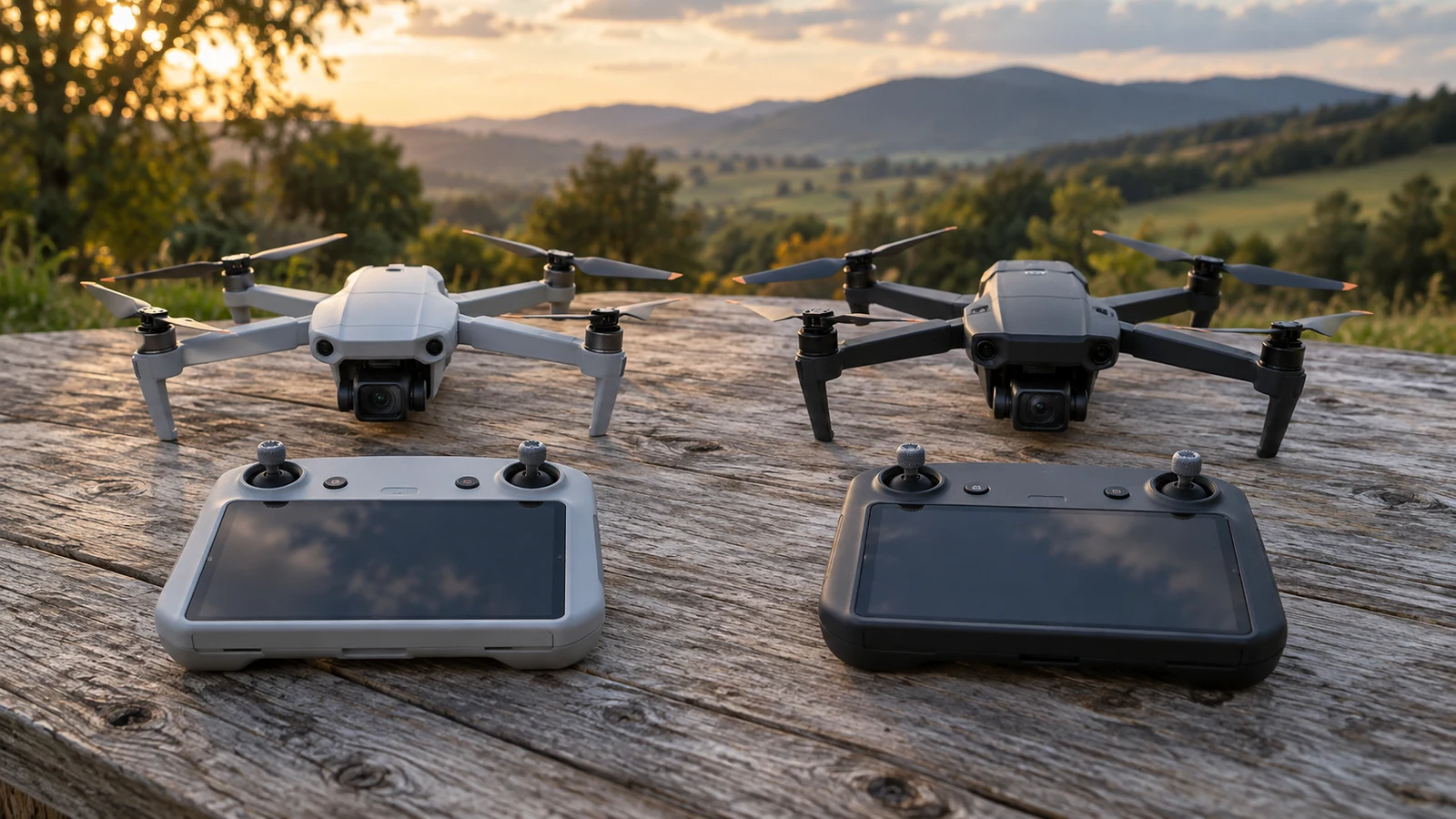 CCWADH screen-controller GPS drone: Two drones and controllers with dark screens rest on a wooden table.