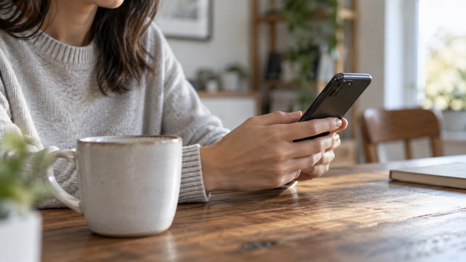 pay with USDC online: A person holds a smartphone beside a ceramic mug on a wooden table.