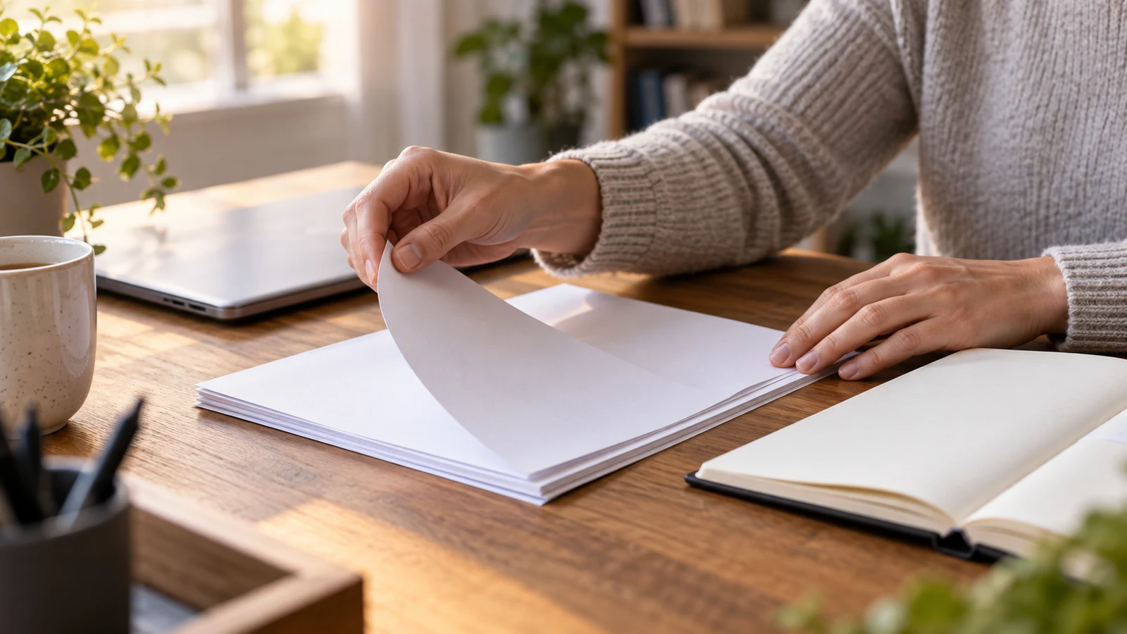 spreadsheet filtering: A person lifts a blank sheet from a stack beside a closed laptop and an open notebook.