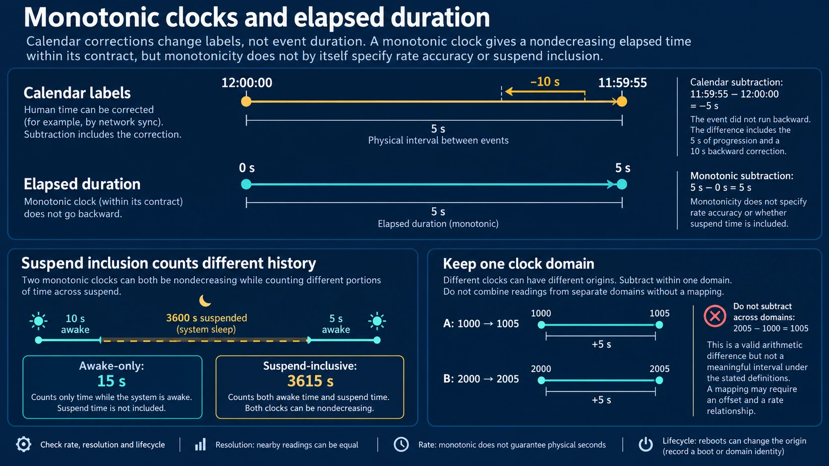 Monotonic clock illustrated through calendar correction, elapsed time measurement, suspend-inclusive and awake-only histories, clock-domain mapping, rate accuracy, resolution and lifecycle identity.