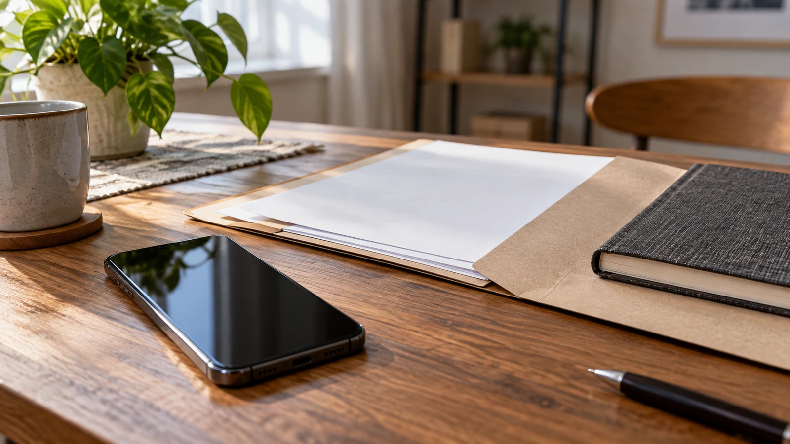 crypto purchase records: A phone, an open folder with blank papers, and a closed notebook rest on a wooden table.