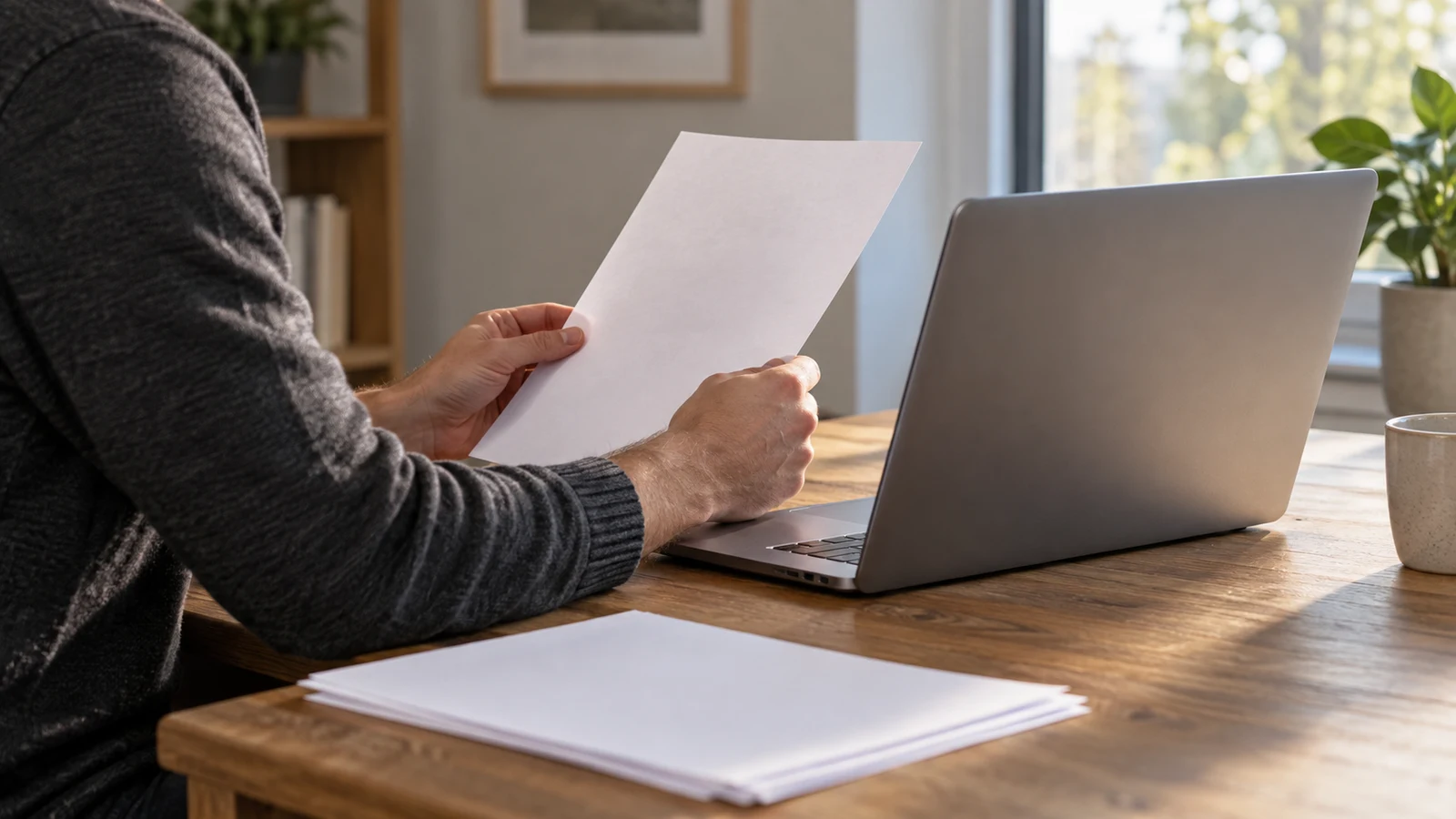 Dell Inspiron PDF OCR checks: A person holds a blank sheet beside an unbranded laptop on a wooden desk.