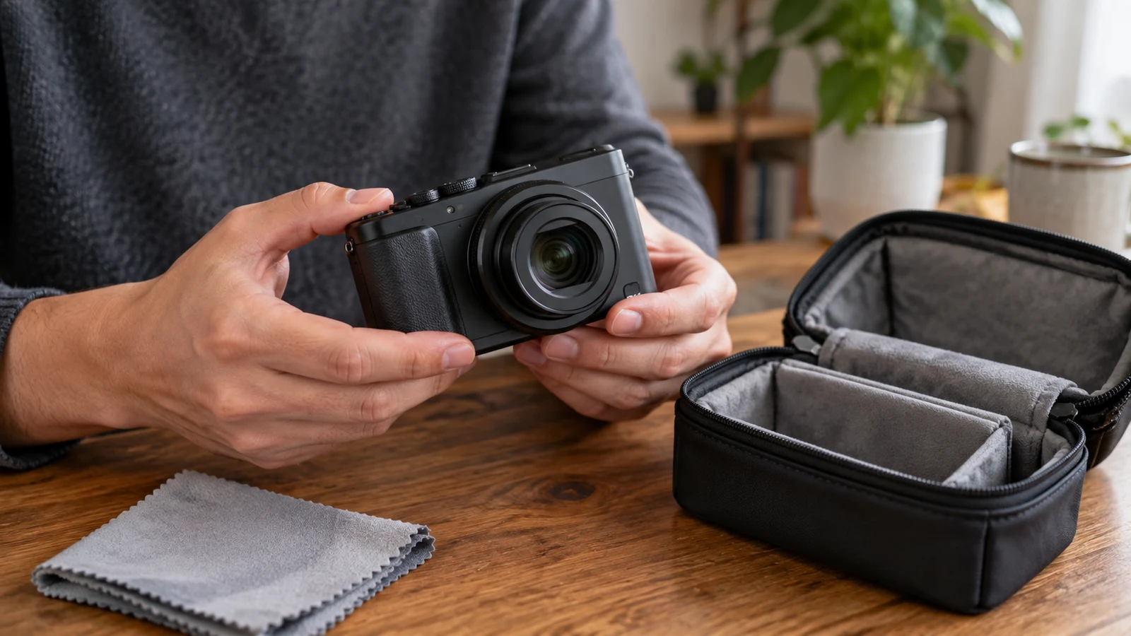 Sony ZV-1 II photo protection checks: Hands hold an unbranded compact camera beside an open padded case and cloth on a wooden table.