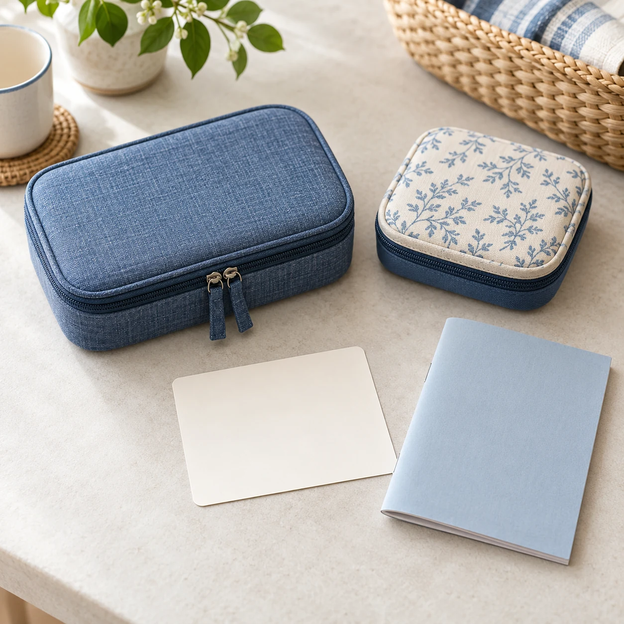 Hand sewing kit checklist planned with generic closed notions cases, an unmarked project card and an instruction booklet, separating available supplies from a task still being checked