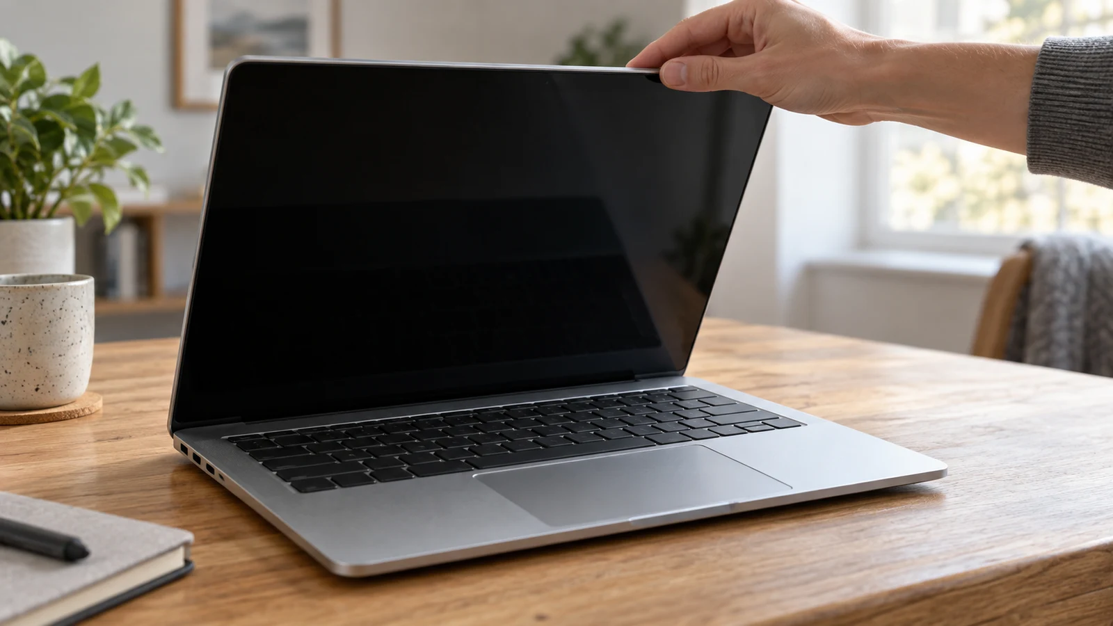 Dell Inspiron sleep and resume checks: A hand holds the dark screen of an unbranded silver laptop on a wooden desk.