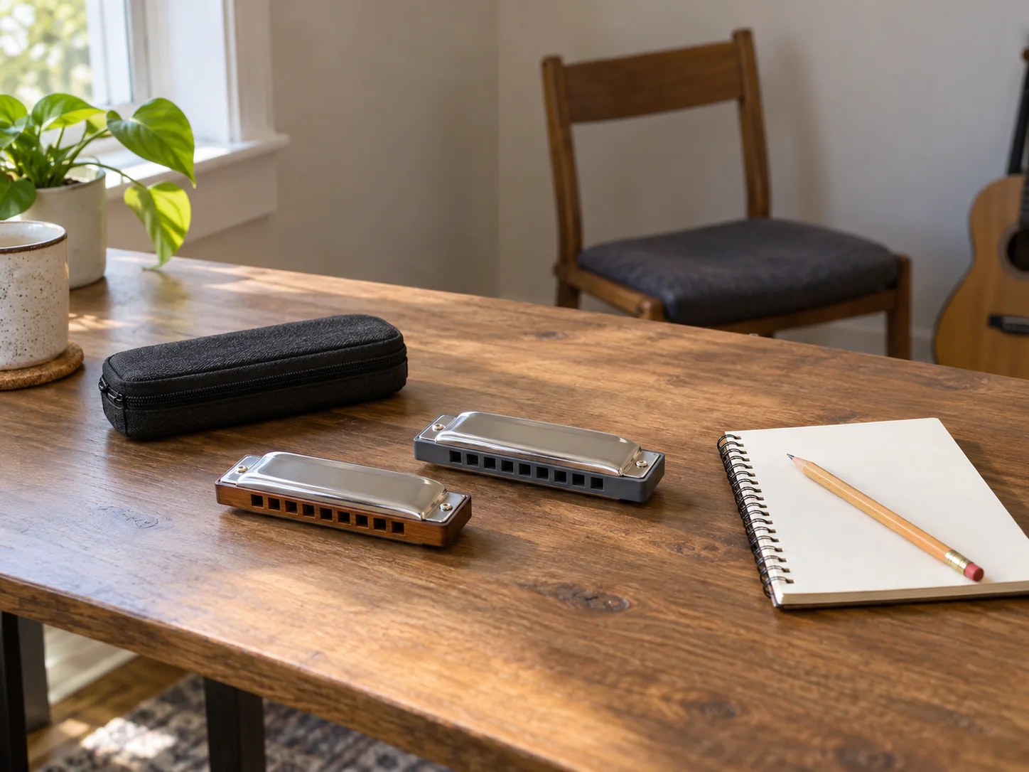 C major harmonica scale practice concept with two complete generic harmonicas, a closed case and blank notebook on a home desk.