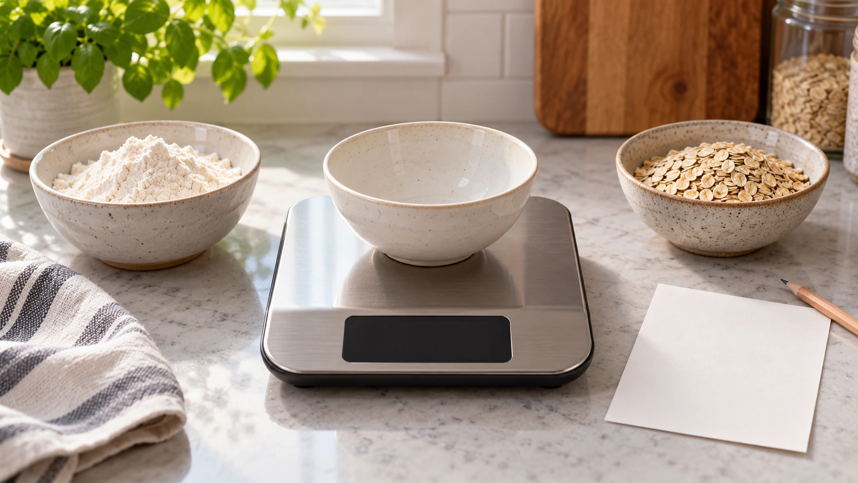 kitchen scale tare function illustrated by a bowl on a digital scale, separate ingredients and a blank measuring note.