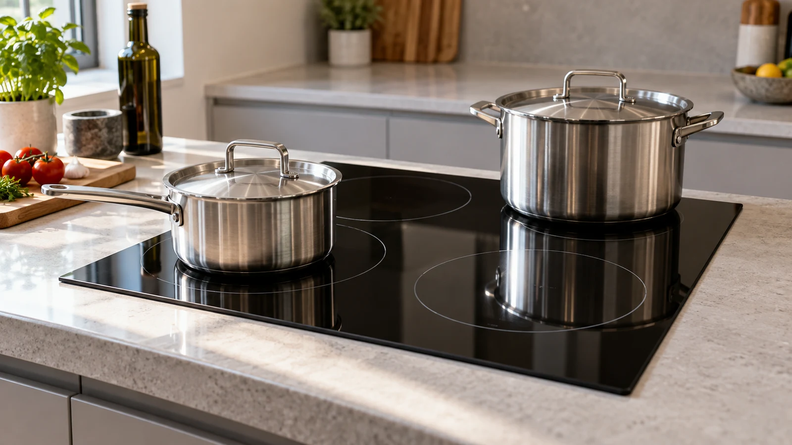 cooktop power sharing checks: Two stainless steel pots sit on a black glass cooktop set into a pale countertop.