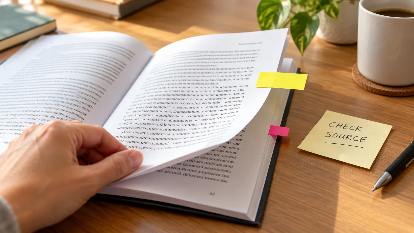 page flags marking two places in an open working document, with a short action note that guides a reader back to the right passage.