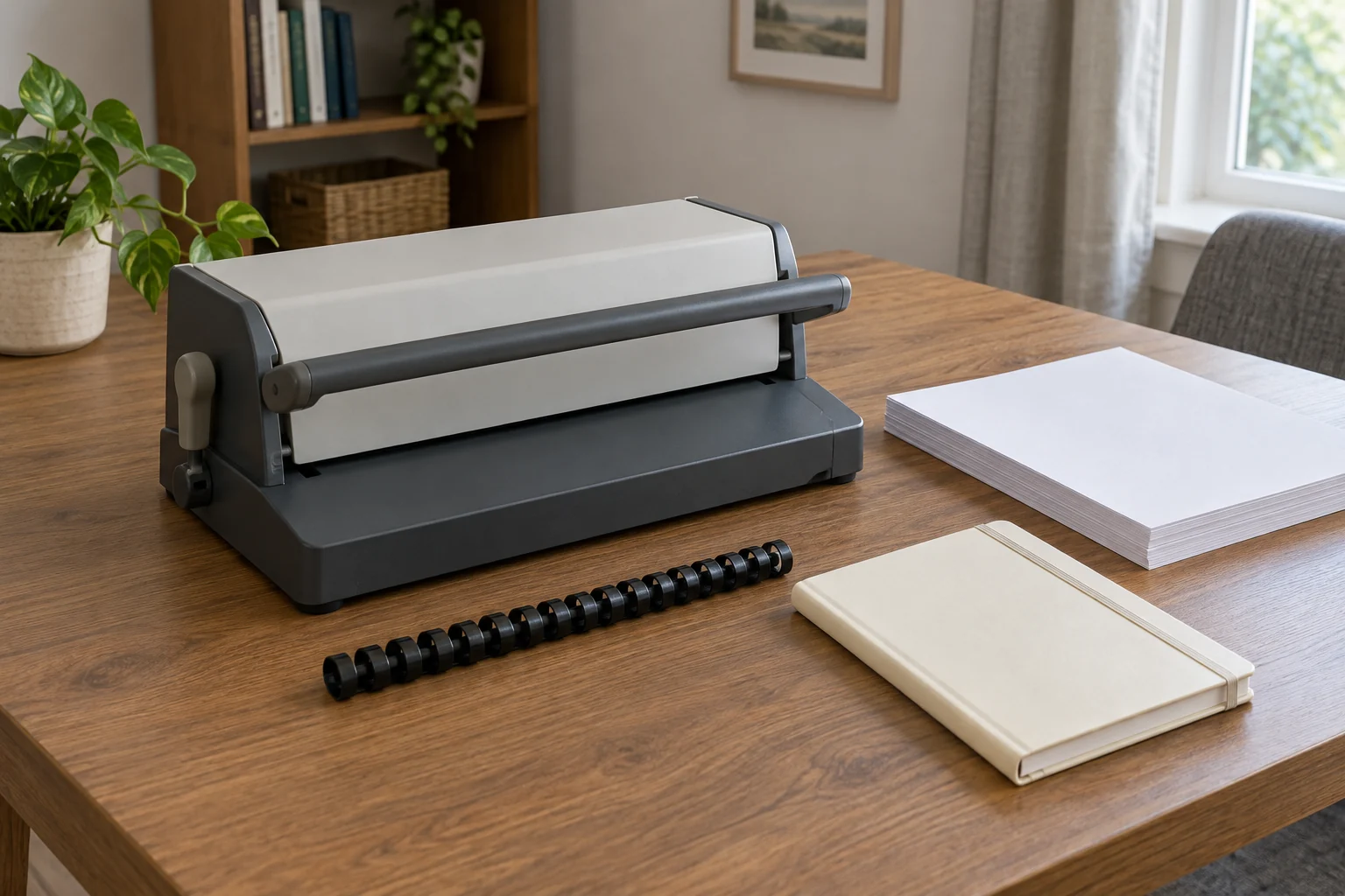Quasar+500 comb binding concept with a complete generic inactive manual binder, a separate whole plastic comb and a closed notebook beside blank paper.