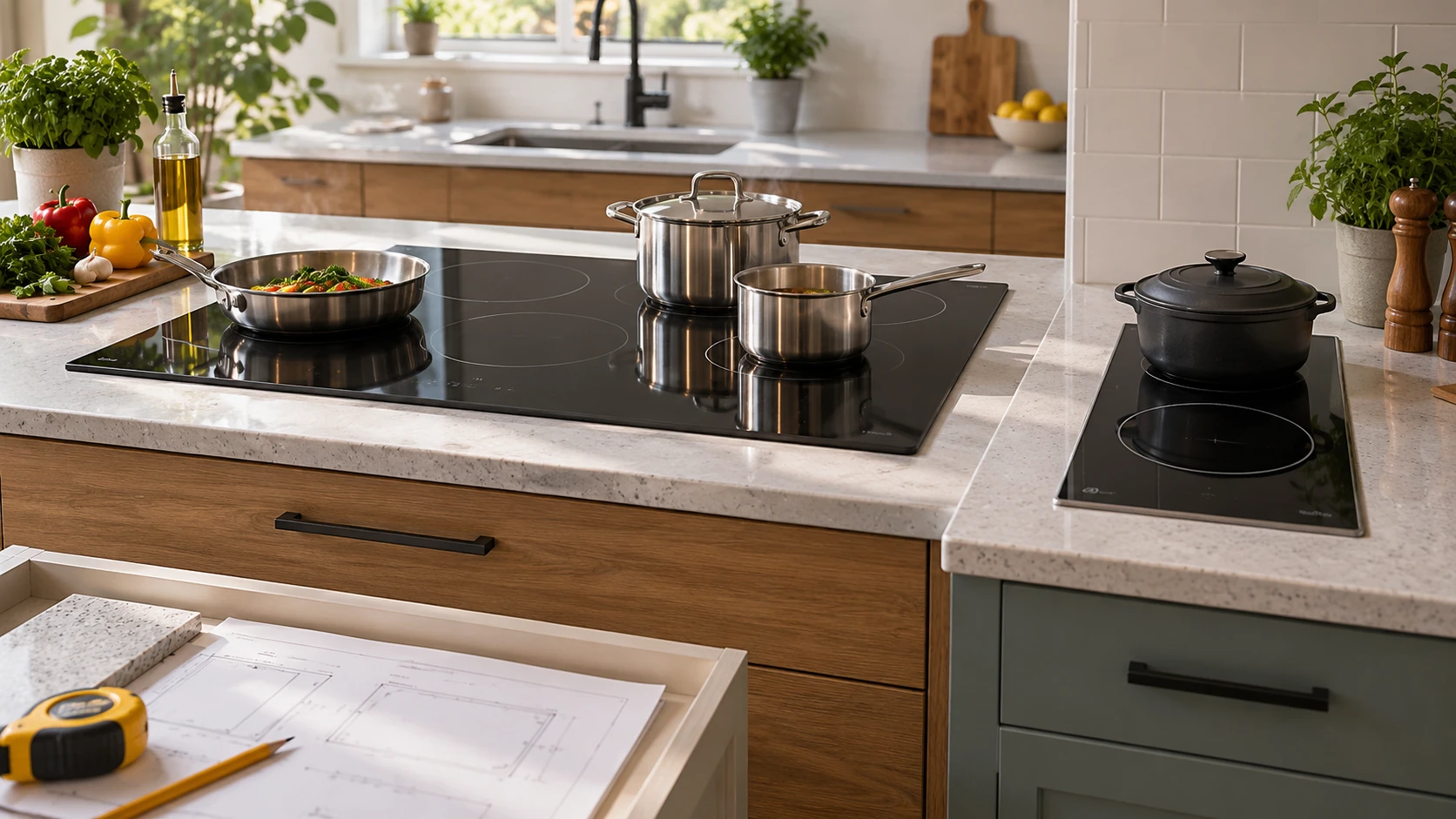 For VBGK DD016 36-inch induction cooktop, weigh cutout, circuit, power sharing, controls, pan layout, and installation options.