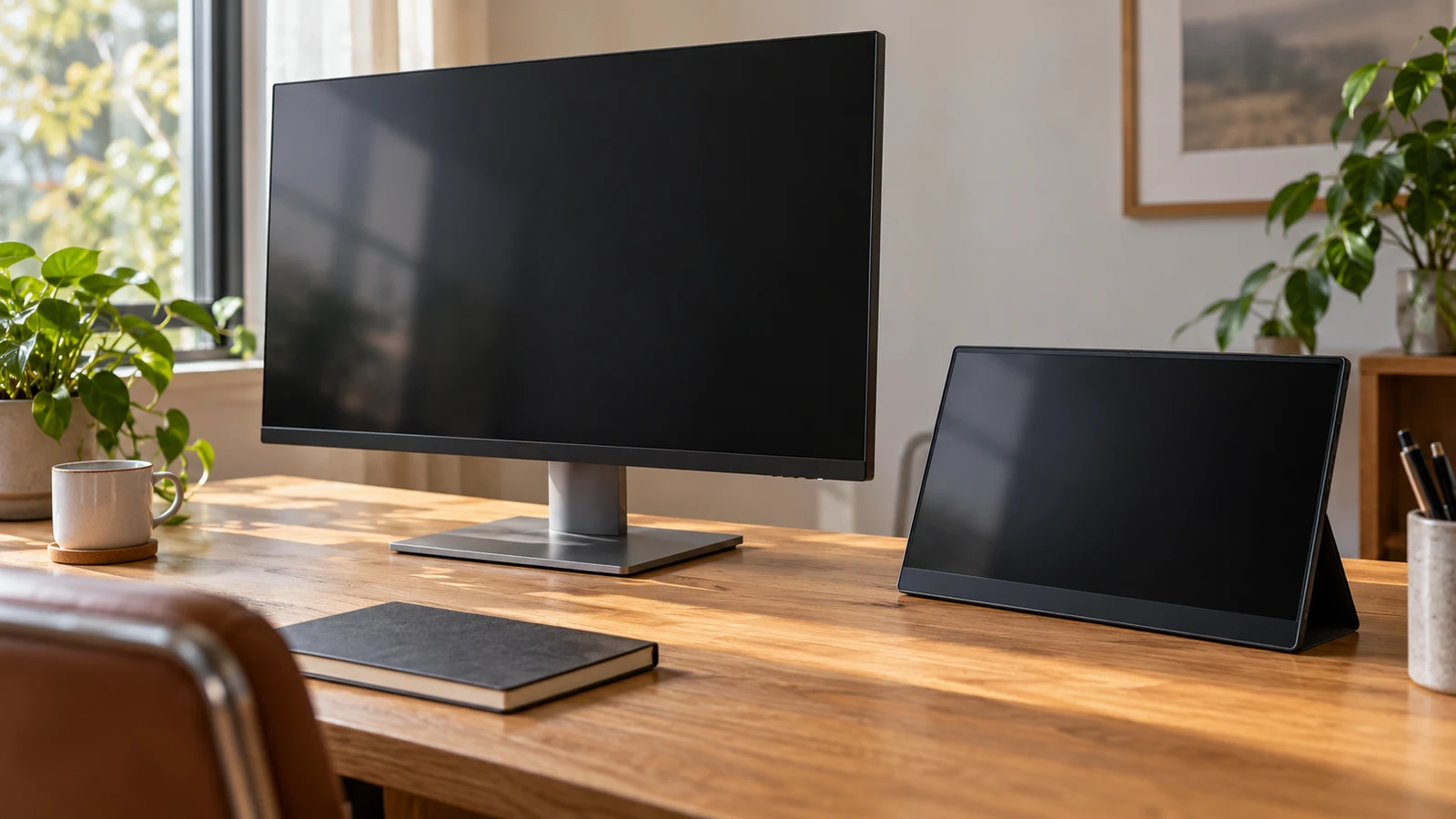 Viewedge 27-inch: A large desktop monitor and a smaller portable monitor sit beside a notebook on a wooden desk.
