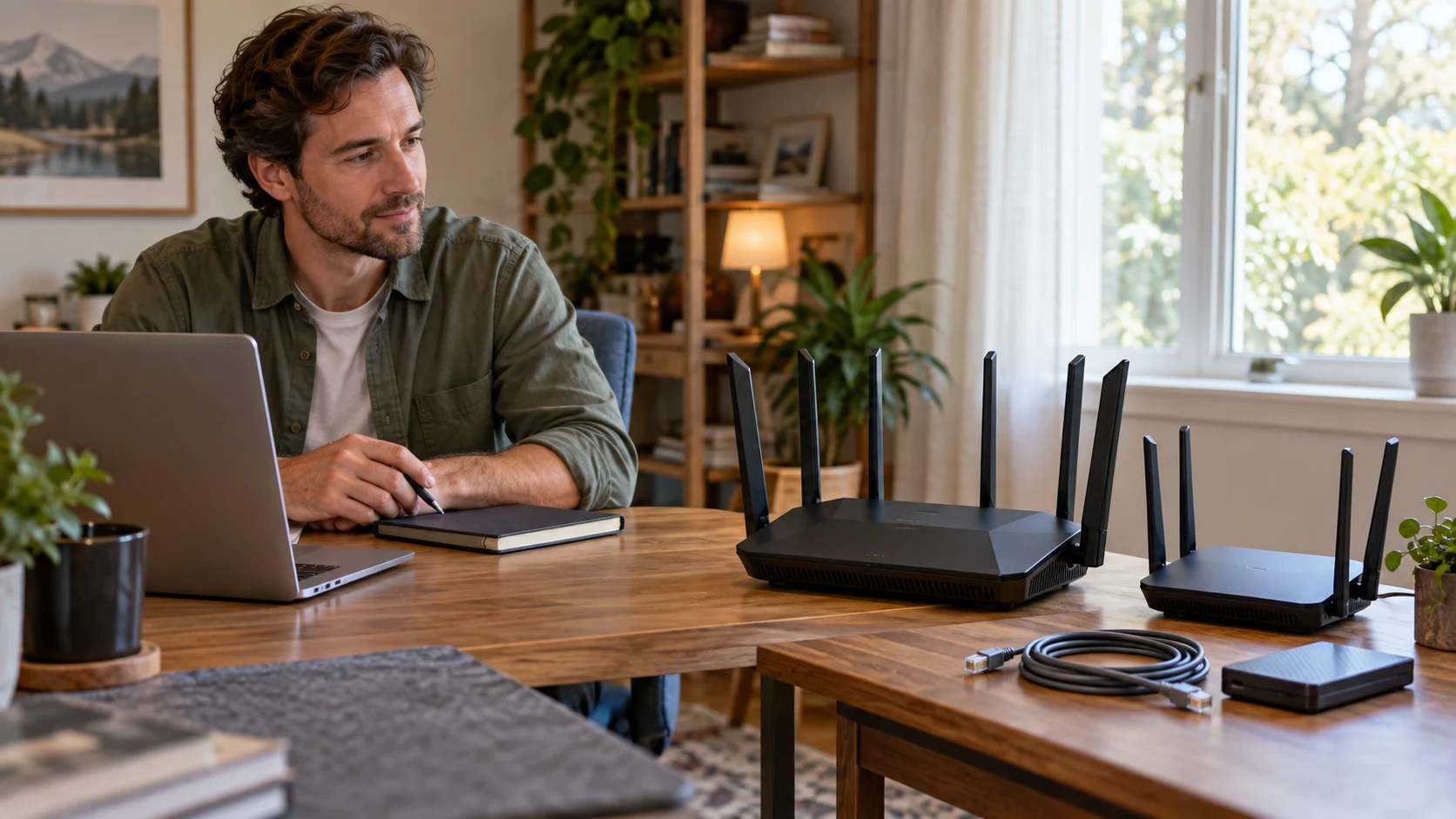 ASUS GT-BE98 Pro vs TP-Link Archer BE3600 buying guide represented by generic routers, laptop and storage on a home desk; conceptual illustration, not exact models or proof of supplied accessories and performance.