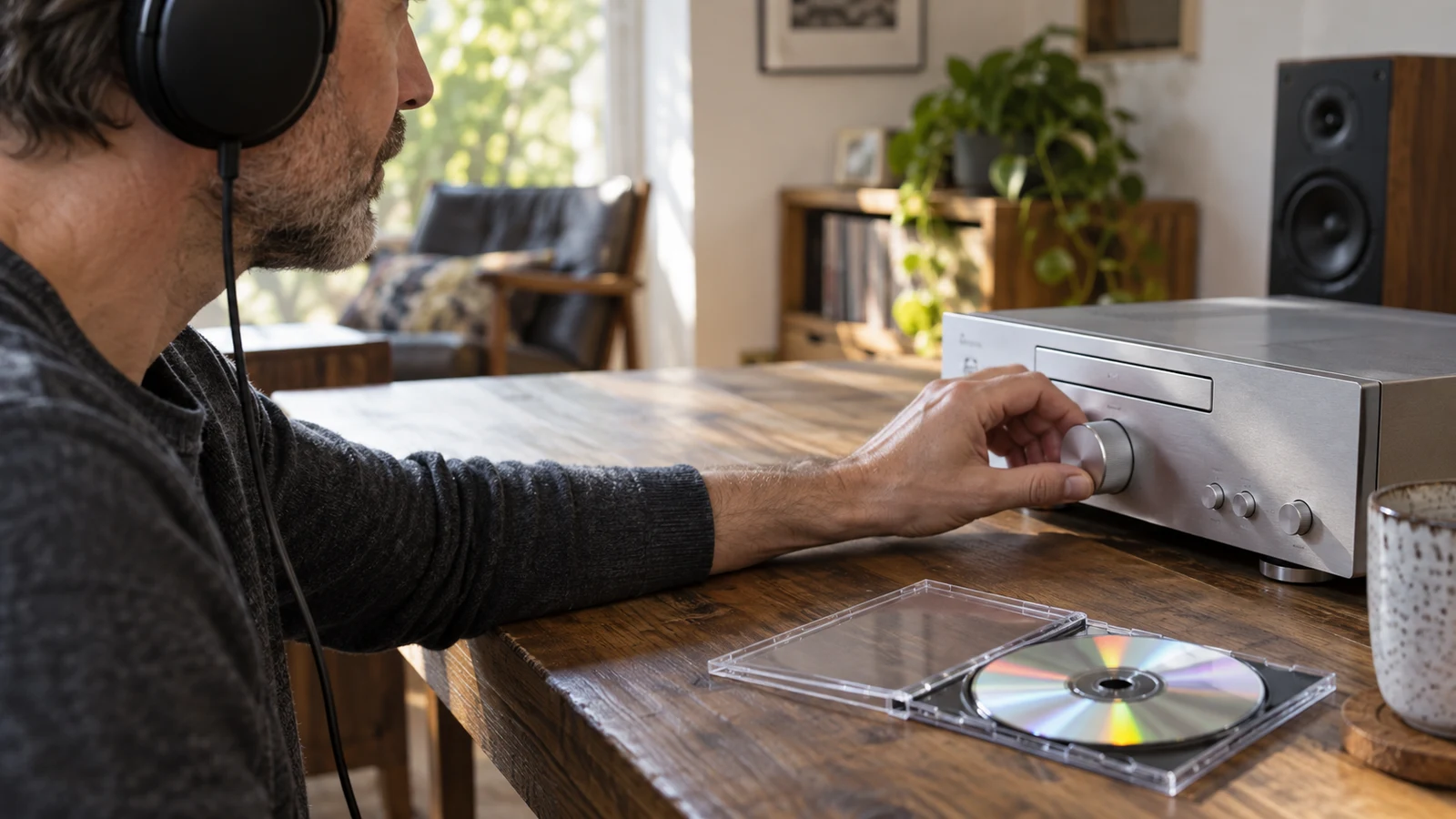 CD listening volume checks: A man wearing headphones adjusts a silver player's knob beside an open CD case on a wooden table.