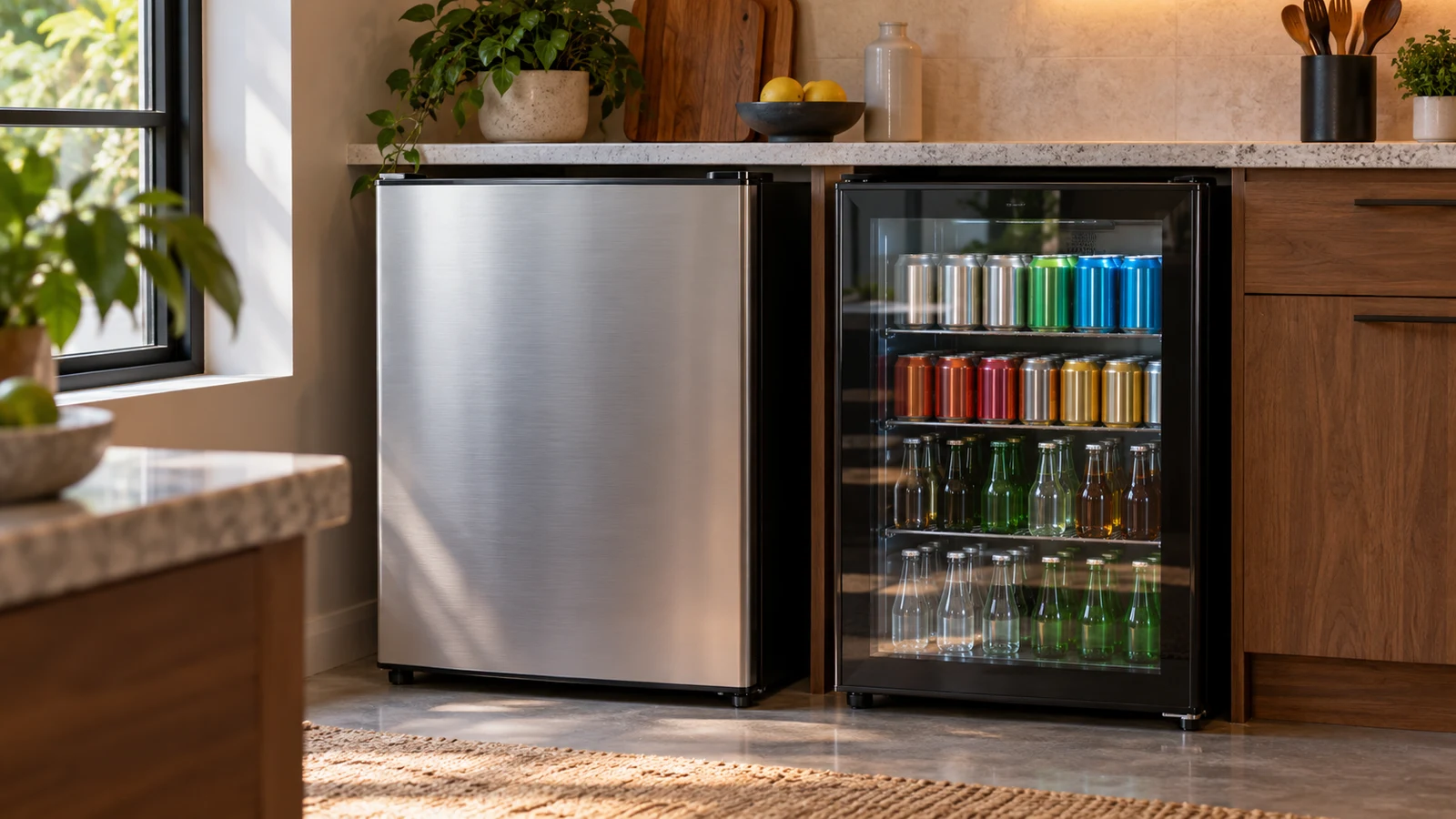 Emorefun 4.3-cu-ft mini fridge: A silver mini fridge stands beside a glass-door beverage cooler in a sunlit kitchen.