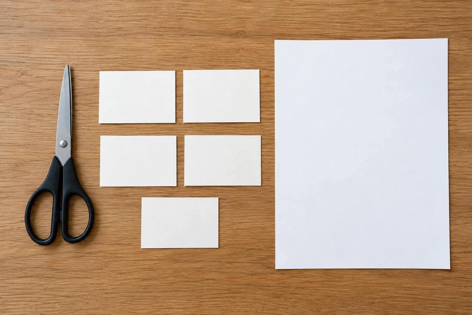 Shared scissors budget concept with closed generic scissors beside separate contribution-note cards and one blank order sheet on a plain table, without prices or a cutting demonstration