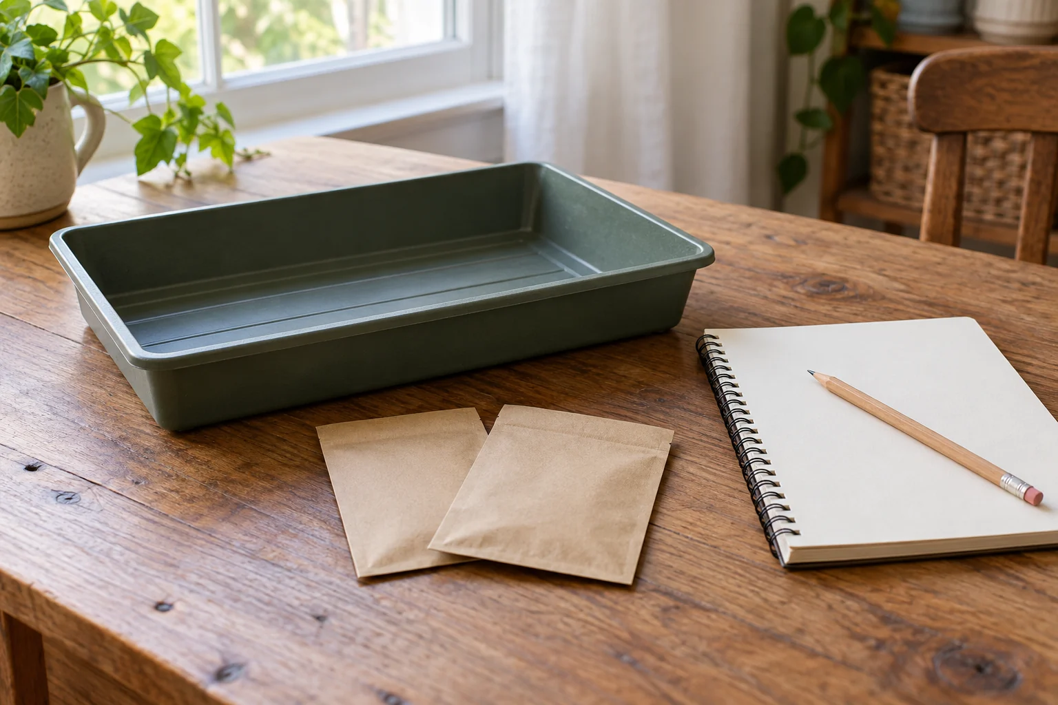 Lettuce seeds not germinating: closed packets, an empty growing container and a notebook on a table.