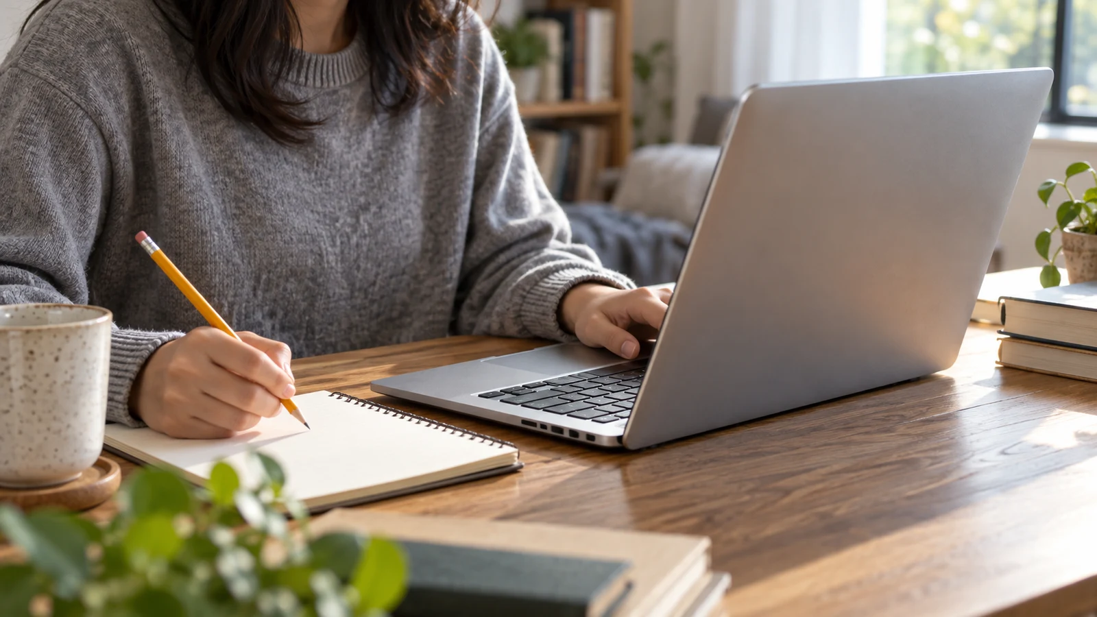 Dell Inspiron laptop: A person beside a silver laptop holds a pencil over an open notebook.