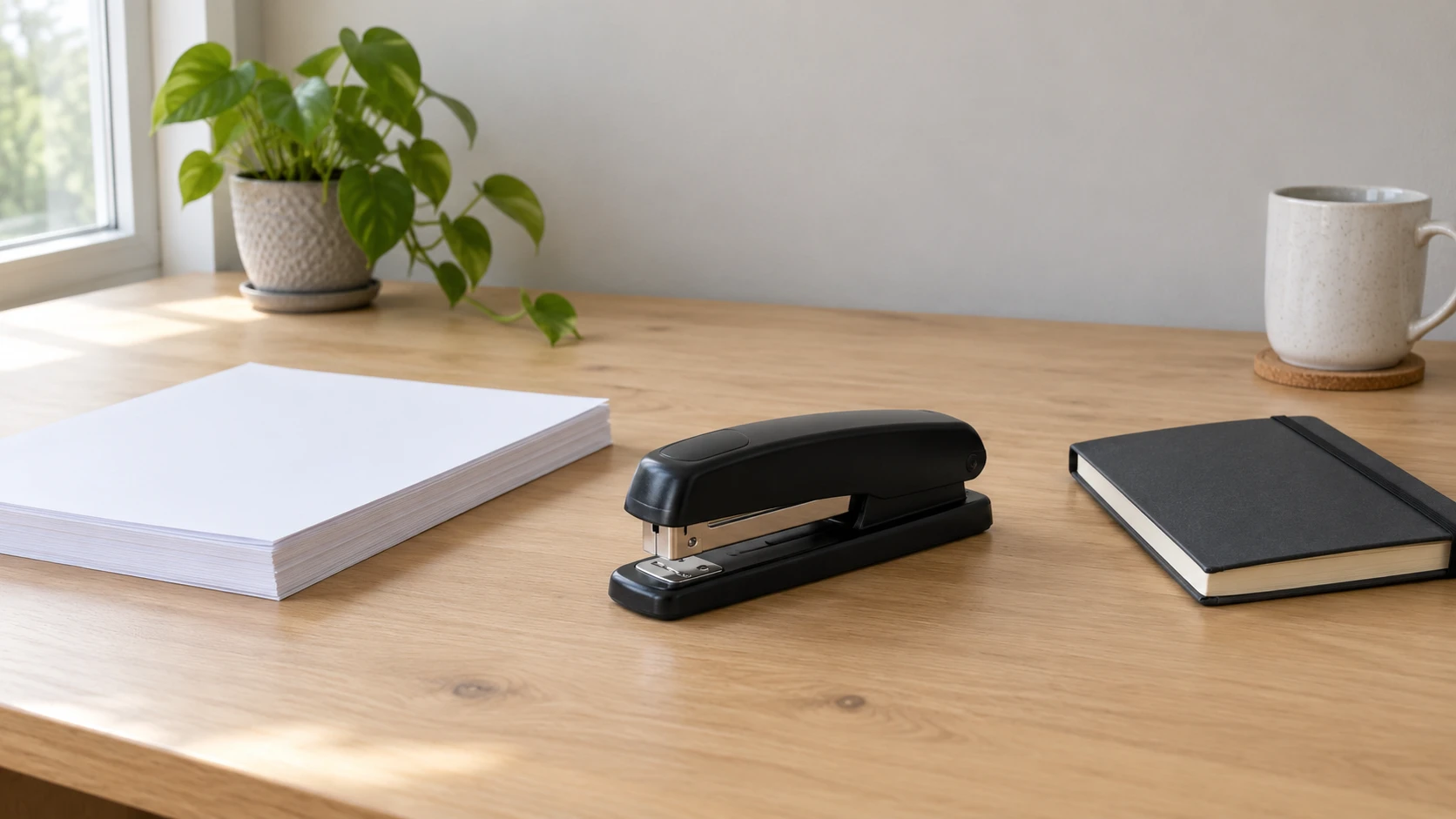 Staple ends point outward concept with a whole generic inactive desktop stapler and nearby plain paper and notebook.