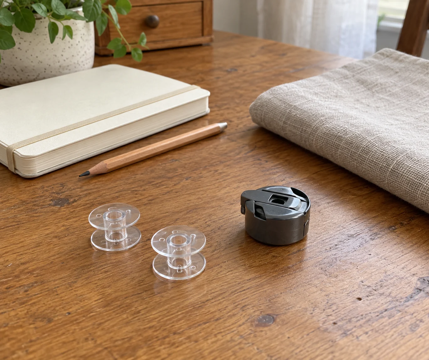 Bobbin and bobbin case compatibility illustrated by two complete generic clear empty bobbins and a separate generic bobbin-case prop on a sewing table.