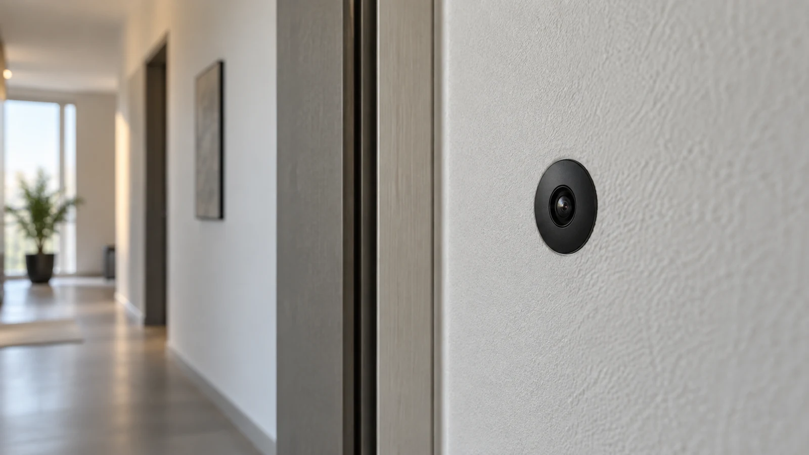 Axis P1264 indoor pinhole camera: A black camera lens sits flush in a pale wall beside an indoor doorway.