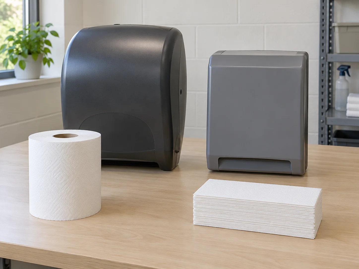 Paper towel dispenser refills concept with two whole generic closed dispensers, a separate whole roll and folded stack; no exact models or fitted refill shown.
