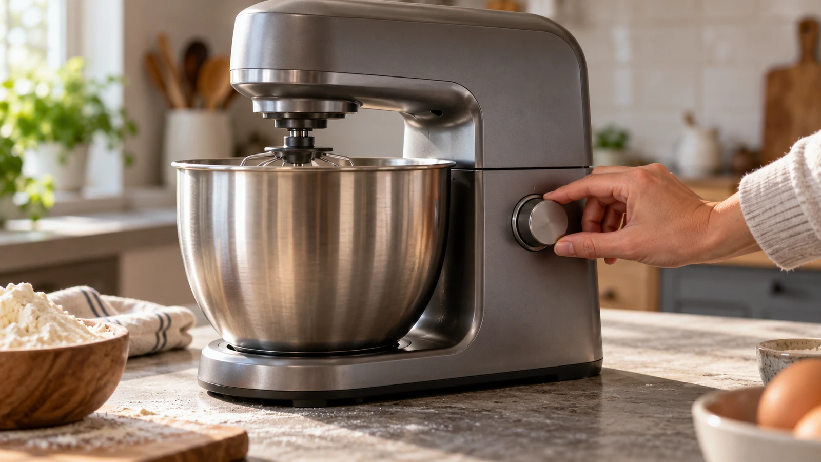BENTISM mixer: A hand touches an unmarked stand mixer knob beside a stainless-steel bowl on a kitchen counter.