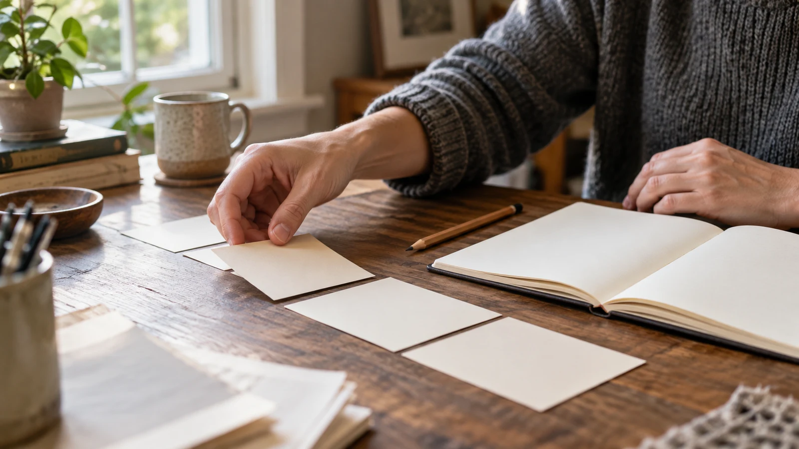 short story pacing: A person arranges blank cards on a wooden desk beside a pencil and an open notebook.