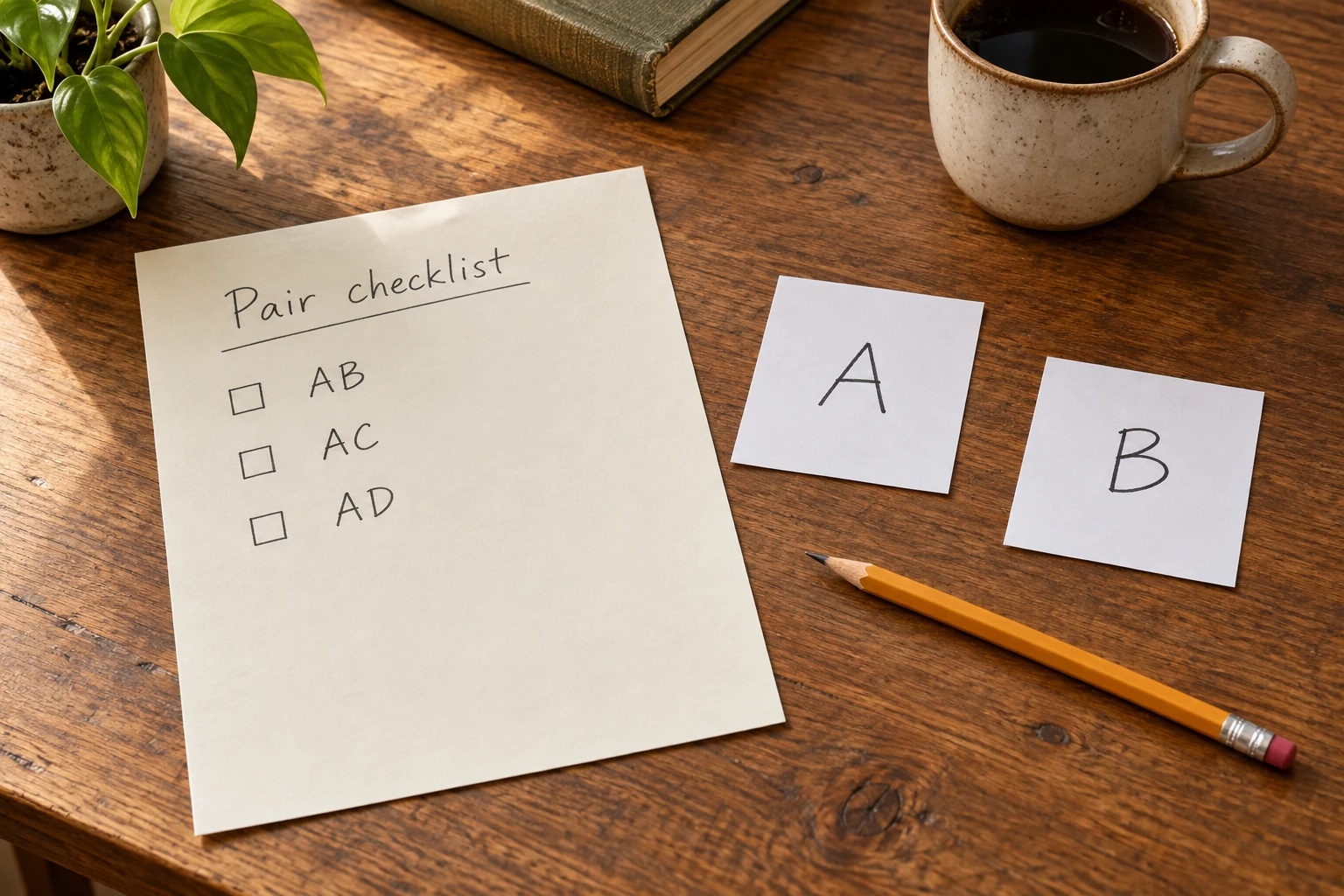 A pairing checklist beside separate labelled cards illustrates a six-participant pairing plan checked for missing and repeated pairs.