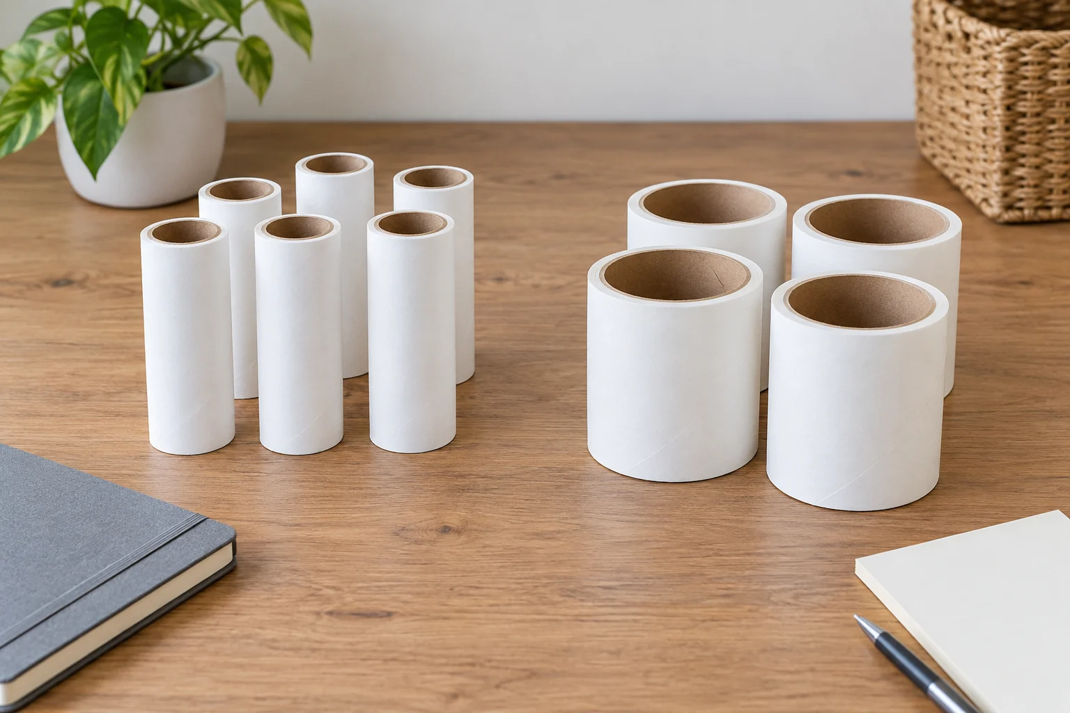 Lint roller refill budget considered beside unmarked narrow and wide spare rolls and a plain order note, without an assembled handle or cleaning demonstration.